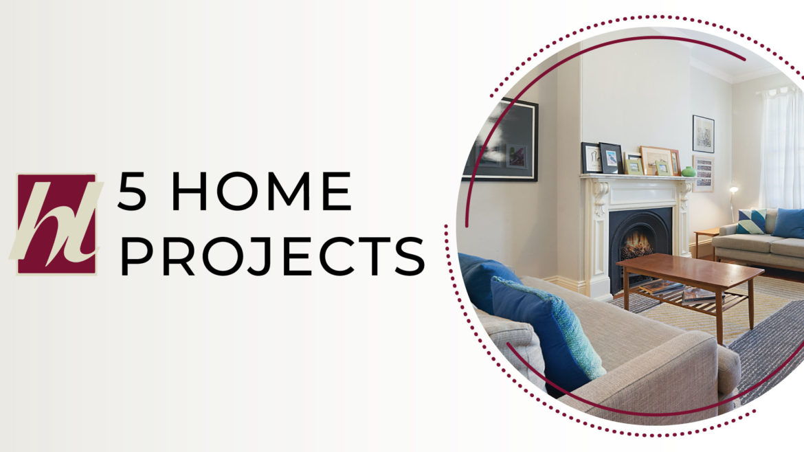 A living room with text 5 Home Projects presented by House Lift