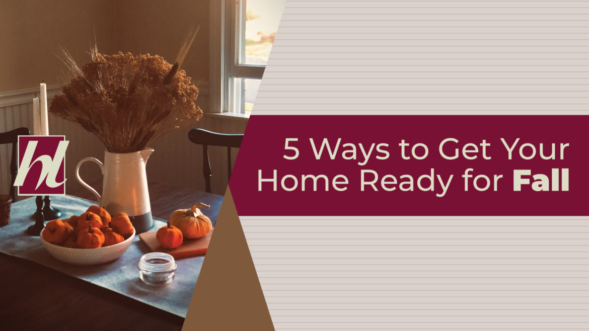 Image of a dining room table with a vase and pumpkins with text "5 Ways to Get Your Home Ready for Fall" from HouseLift in Minnesota