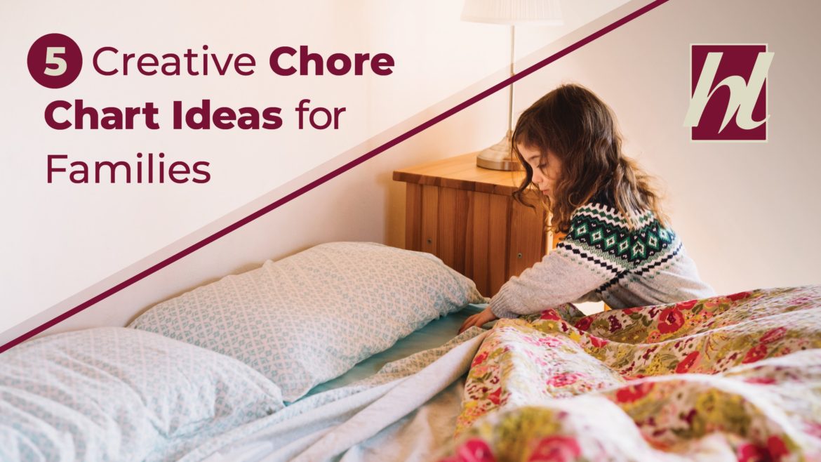A young girl makes her bed with text 5 Creative Chore Chart Ideas for Families