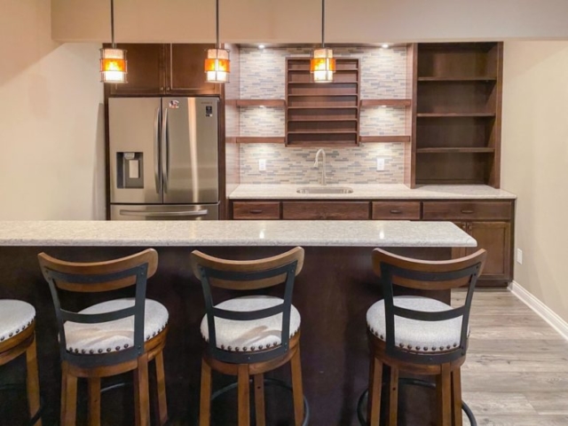 A completed basement bar renovation by House Lift remodeling contractors of the Twin Cities